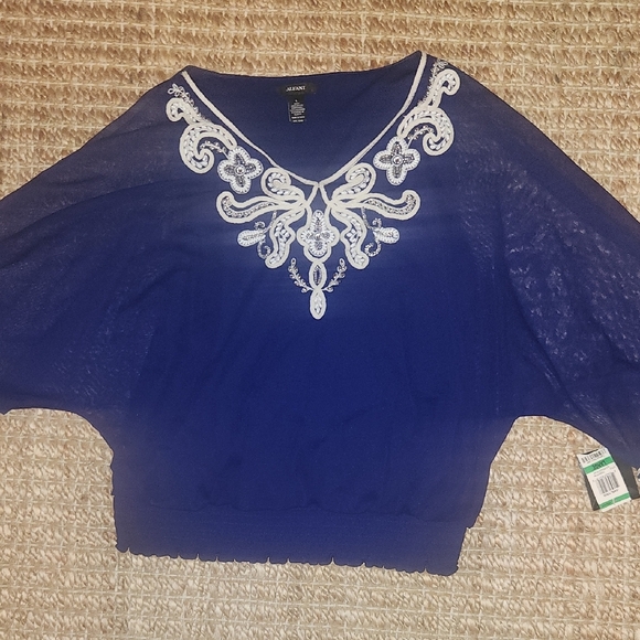 Alfani Navy Sheer Blouse with White Detailing - Picture 1 of 7